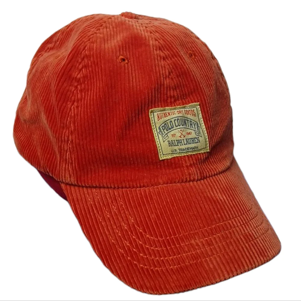 VTG Polo‎ Ralph Lauren Leather Strapback Corduroy Orange Hat/OS